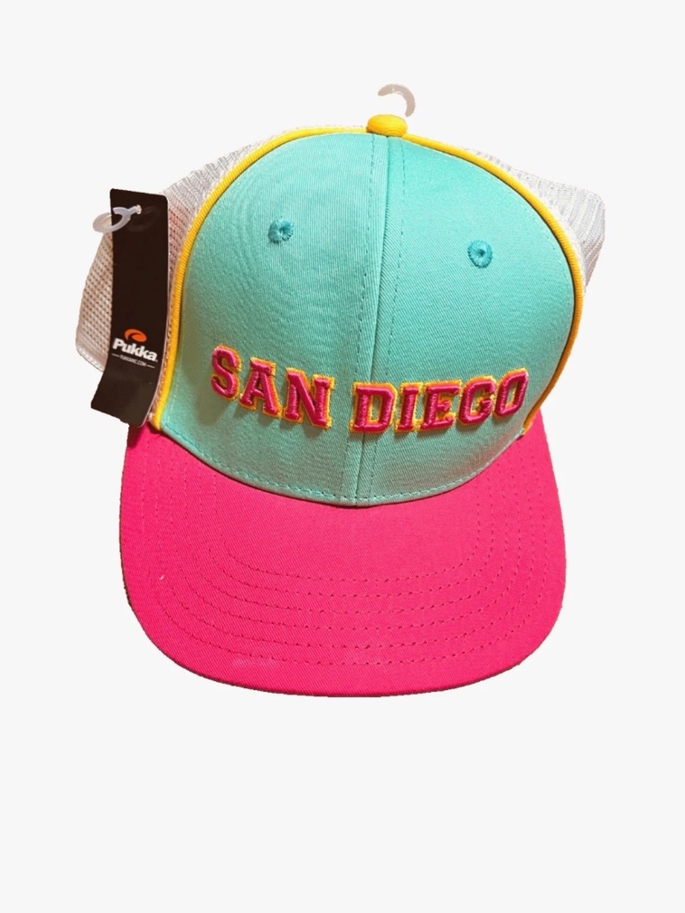 Pukka San Diego Trucker Hat Mesh Cap Snapback Mint Green Pink Neon Vtg Style